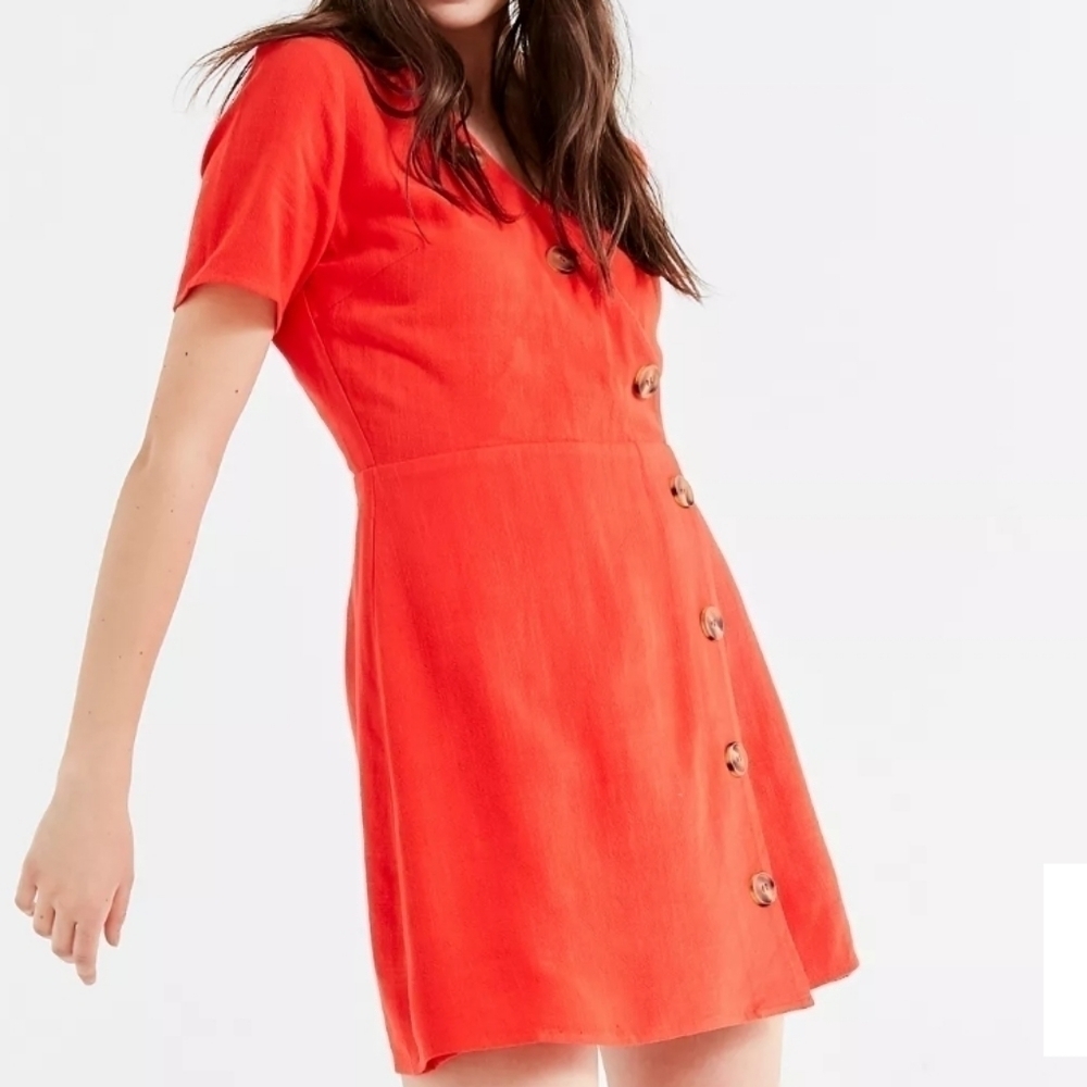 Moon River Asymmetrical Button-Down Linen Blend Mini Dress - Picture 2 of 11